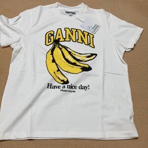 Ganni White Tee with Yellow Banana Print